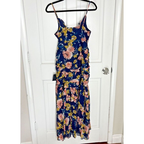 NEW Lulu’s Dress Womens Medium Stunning Soiree Blue Floral Ruched‎ Midi Slit - Picture 2 of 16